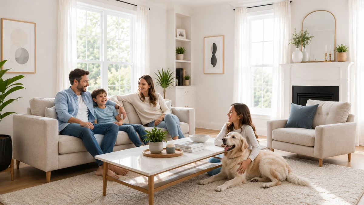 Eine Familie mit Hund entspannt in ihrem frisch gereinigten Wohnzimmer