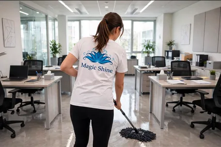 Eine Reinigungskraft von Magic Shine wischt den Boden in einem hellen Großraumbüro